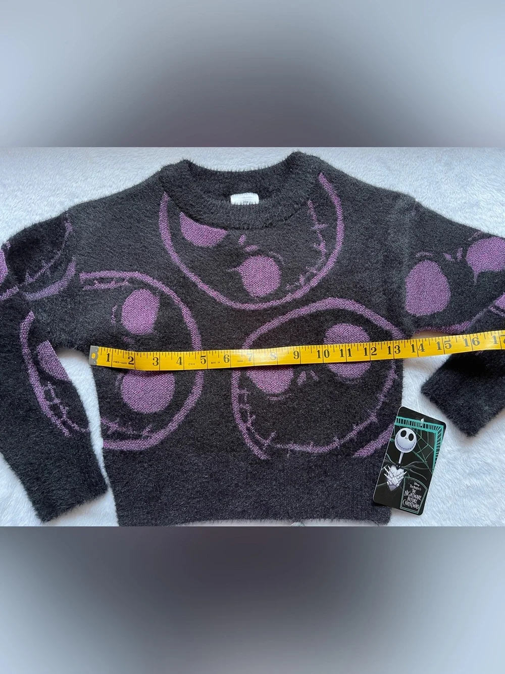 New Halloween Disney Skull Graphic Fuzzy Crewneck Sweater Black Purple S (6/6X)